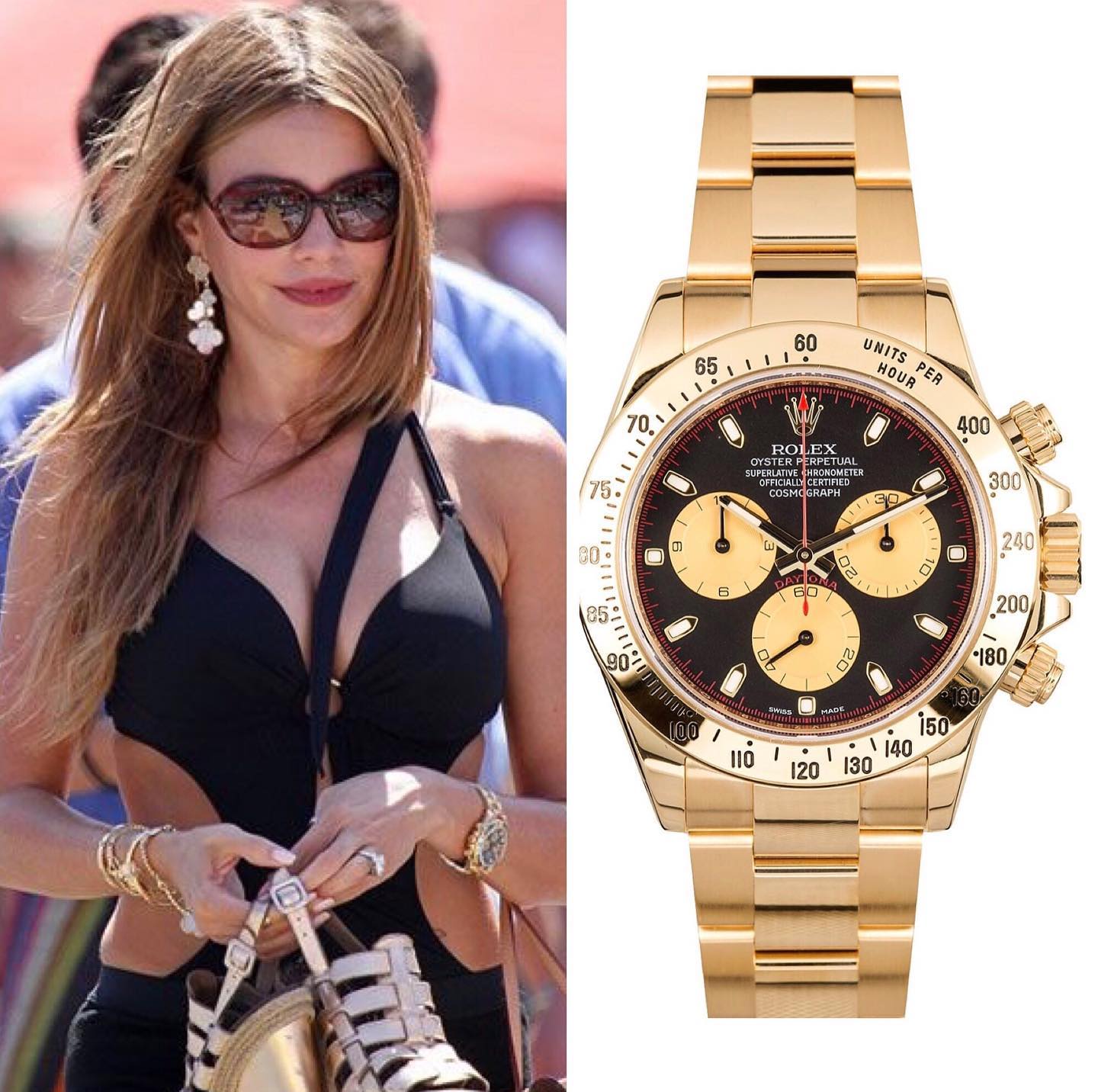 Colombian-American actress, model and comedian @sofiavergara spotted with a Rolex 18K Yellow Gold Cosmograph Daytona Black with champagne sub-dials ref. 116528 ️ ️ 34,650.00 📸 @superwatchman