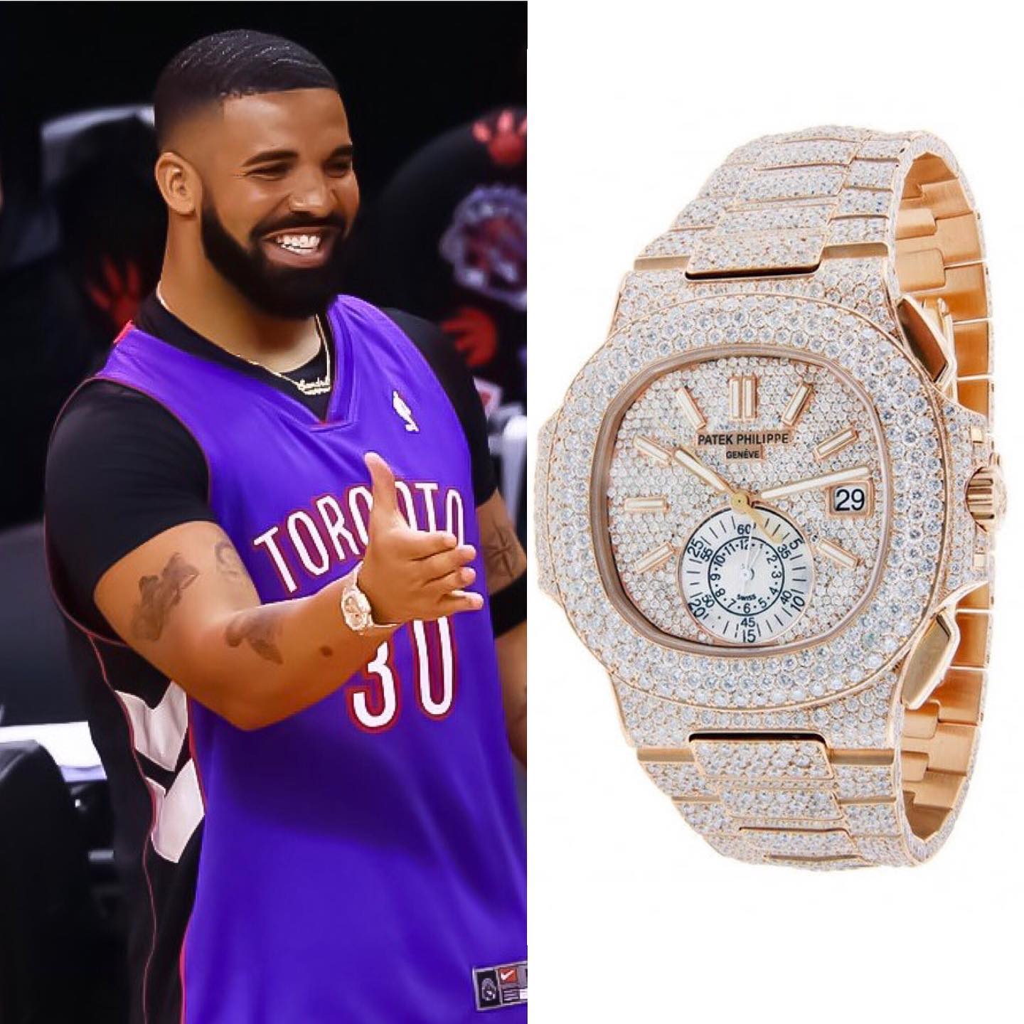 Rapper Drake @champagnepapi was in the NBA finals in May, seen with a 5980/1R-001 @patekphilippe in 18K Rose Gold . The watch is diamond-encrusted on every visible part, from the bracelet to the bezel and the time-indexed dial ️ 130,000.00 📸 @superwatchman