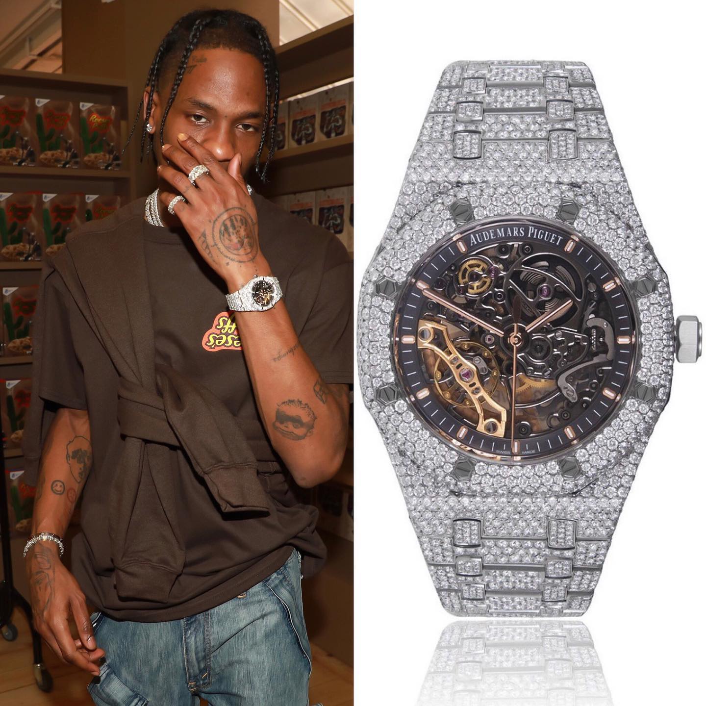 The american rapper & songwriter @travisscott 🎙, @kyliejenner:s boy, was spotted with an Audemars Piguet Skeleton Dial Royal Oak 28ct with factory diamonds ️ 140,000.00 📸 @superwatchman
