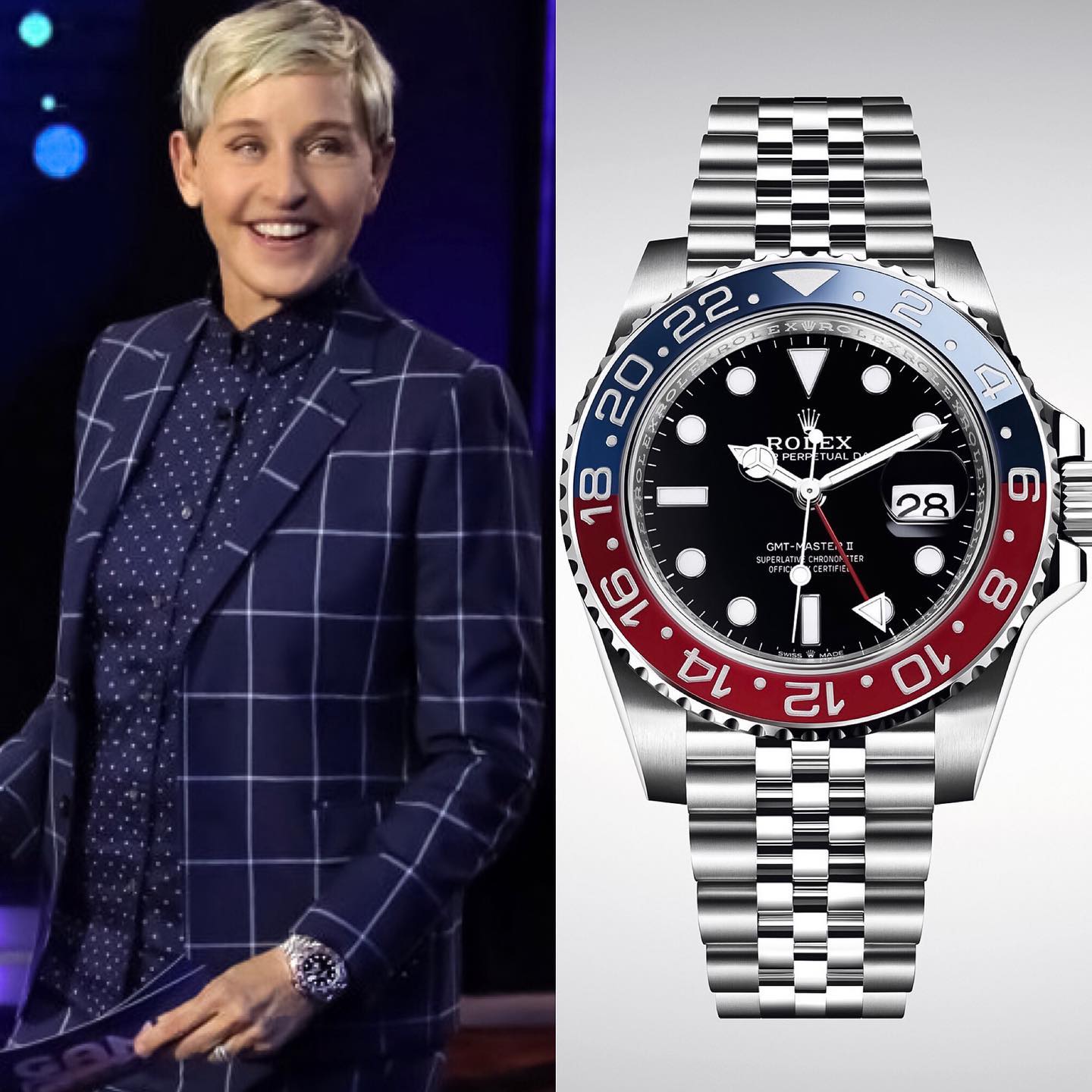 The comedian, TV-host & businesswoman Ellen DegGeneres @theellenshow has added the dream watch @rolex GMT Master II Pepsi 126710 BLRO 🥤 to her insane watch collection ️ ️ 9,500.00 retail / 17,500.00 resell 📸 @superwatchman
