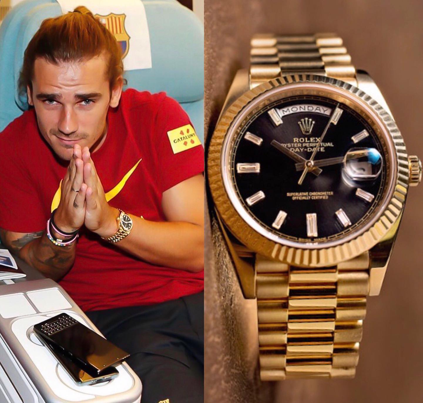 FC Barcelonas french striker @antogriezmann ️🏼‍♂️ spotted with a @rolex Day-Date President Yellow Gold Black Dial with 10 Baguette-Cut Diamonds , ref. 228238. ️ 38,300.00 📸 @superwatchman