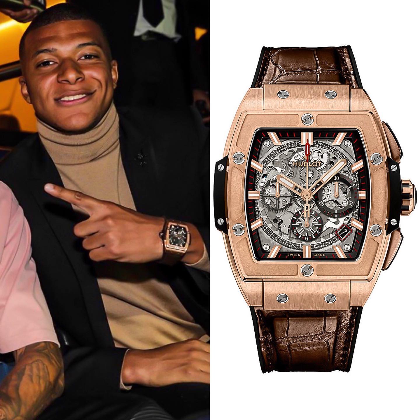 PSG Golden Nugget @k.mbappe ️🏿♂️rocking a @hublot Spirit of Big Bang King Gold in 18k ️ with a brown alligator strap. ️ 42,000.00 📸 @superwatchman