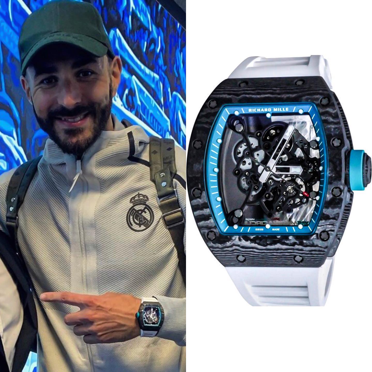 Real Madrid FC:s french striker @karimbenzema rocking a Richard Mille RM 055 Yas Marina, limited to 50 pieces world wide Made from titanium, the movement displays extreme skeletonisation visible through either side of its case ⚙️ ️ 220,000.00 📸 @superwatchman