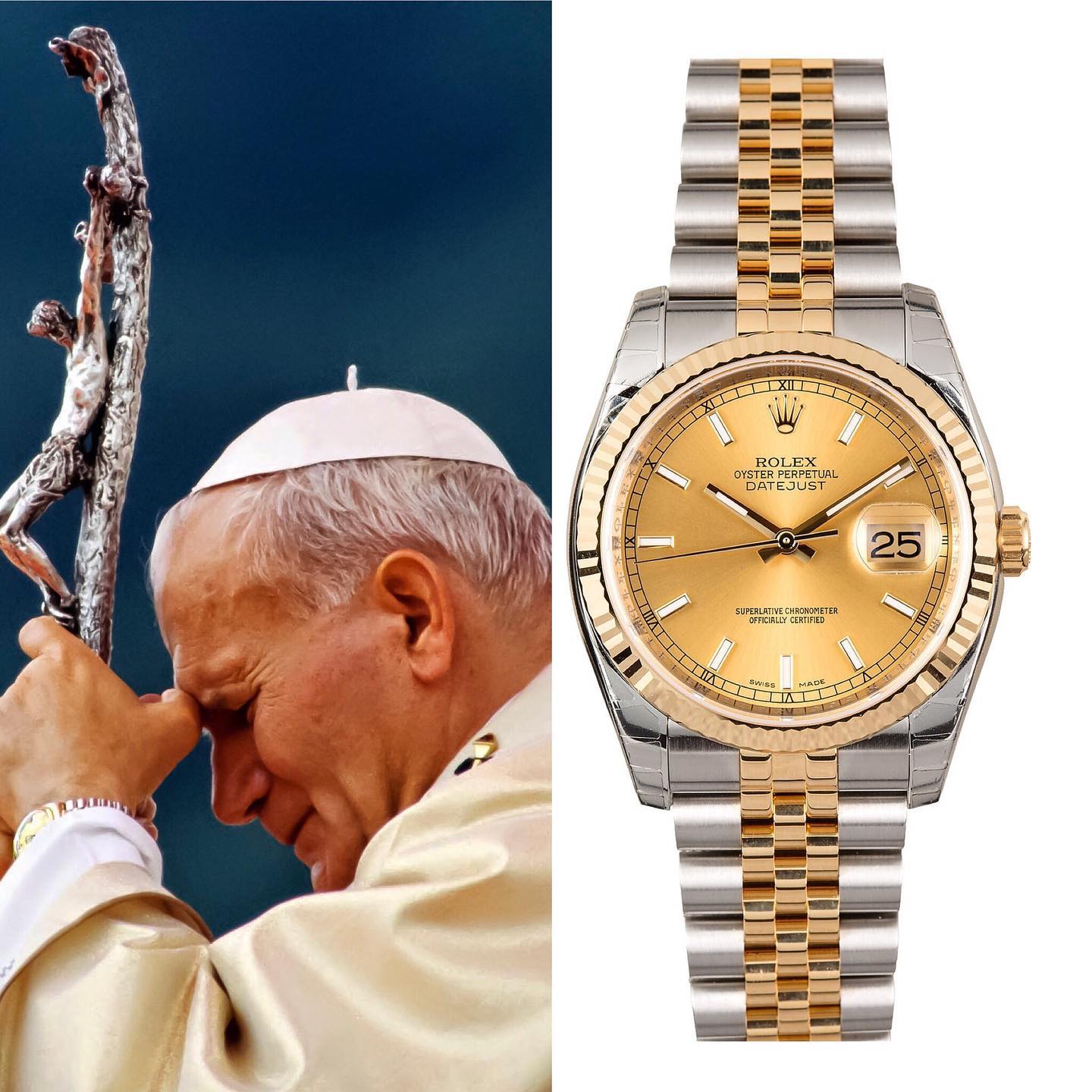 Legendary Pope Johannes Paulus II, known for being shot at close range in an assassination attempt in 1981, was the owner of a 36mm two-tone Rolex Datejust Jubilee Bracelet ref.16233 ️ He died in 2005 due to old age. ️ 6,799.00 📸 @superwatchman