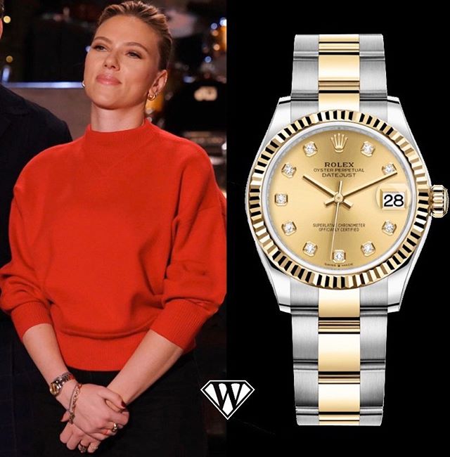 The world's highest-paid actress since 2018, 35 year old Scarlett Johansson, who is American but has Swedish heritage, is sporting a two-toned 31mm Oystersteel and yellow gold ladies Rolex Datejust. This watch has a champagne colored dial and 10 Diamonds hour markers.Price tag: around $13,500 dollarsWatch reference: 278273