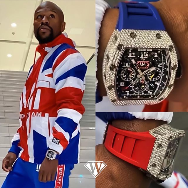 43 year old boxing legend Floyd Mayweather, who has retired from professional boxing with a record of 50 wins and no defeats, was recently spotted - when visiting London - with a diamond encrusted Richard Mille RM 011 Felipe Massa, modified with a red and blue strap to fit in with his Union Jack look.Price tag: around $245,000