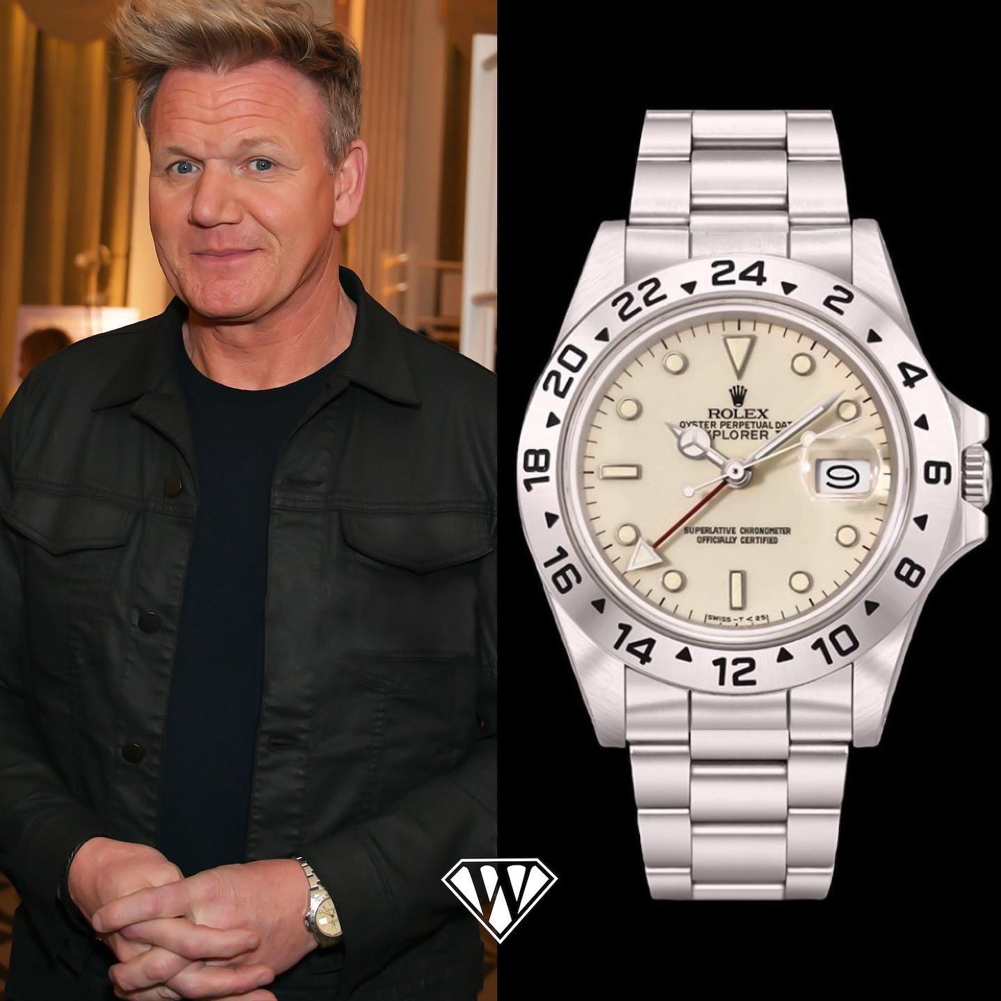 Born in Scotland, British chef and TV personality, Gordon Ramsay, is sporting a vintage stainless steel Rolex Explorer II “Cream”, called so because of its dial colour. His head restaurant, "Restaurant Gordon Ramsay" in London, has held three Michelin stars since 2001. Price: around $20,000 dollars Watch reference: 16550