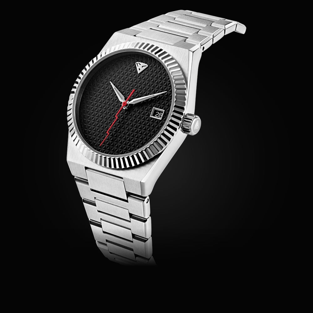 Superwatchman Genesis Red Edition with a textured black dial and red lightning-bolt seconds hand