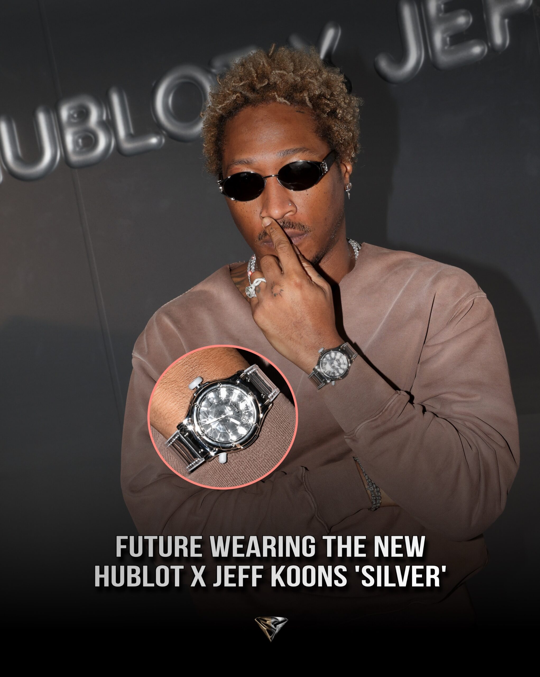 Future wearing Hublot’s silver Classic Fusion Balloon Dog by Jeff Koons, with a close-up of the watch